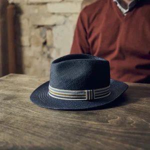 boutique en ligne france Fawler Chapeau Panama Moda Pino Bleu à Galon Rayé 18